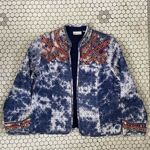 Chicos Jacket Large 2 Tie Dye Boho Open Front Western Funky Pom Pom Embellished